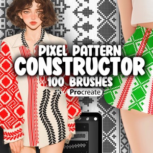 Puede incluir: Ilustración de una persona con una camisa crema con patrones pixelados rojos y negros. La imagen incluye el texto "PIXEL PATTERN CONSTRUCTOR 100 BRUSHES for Procreate."