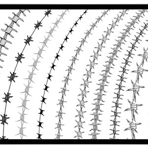 May include: A black and white illustration of barbed wire fencing. The image shows multiple strands of barbed wire, each with a different style of barb. The barbed wire is arranged in a curved pattern, creating a sense of movement and danger.