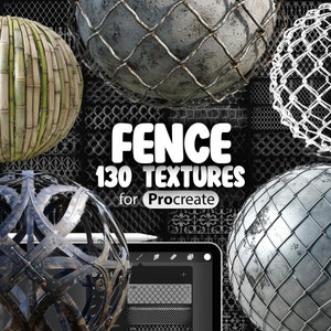 Może przedstawiać: Cyfrowa ilustracja ekranu tabletu prezentująca różne tekstury ogrodzeń do Procreate. Obraz zawiera tekst "FENCE 130 TEXTURES for Procreate".