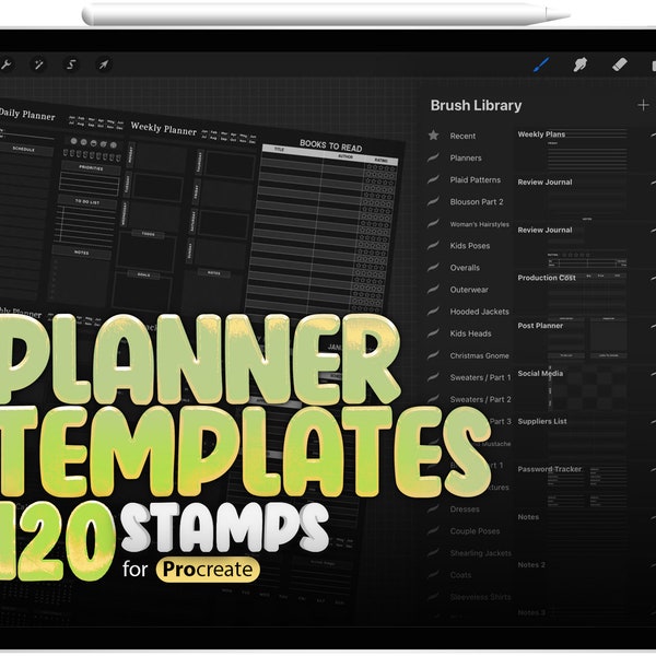 120 Procreate Planner Brushes, Procreate Planner Templates, Daily, Monthly, Early, Weekly, Tracker, Table, Notes, Planner, Calendar Template