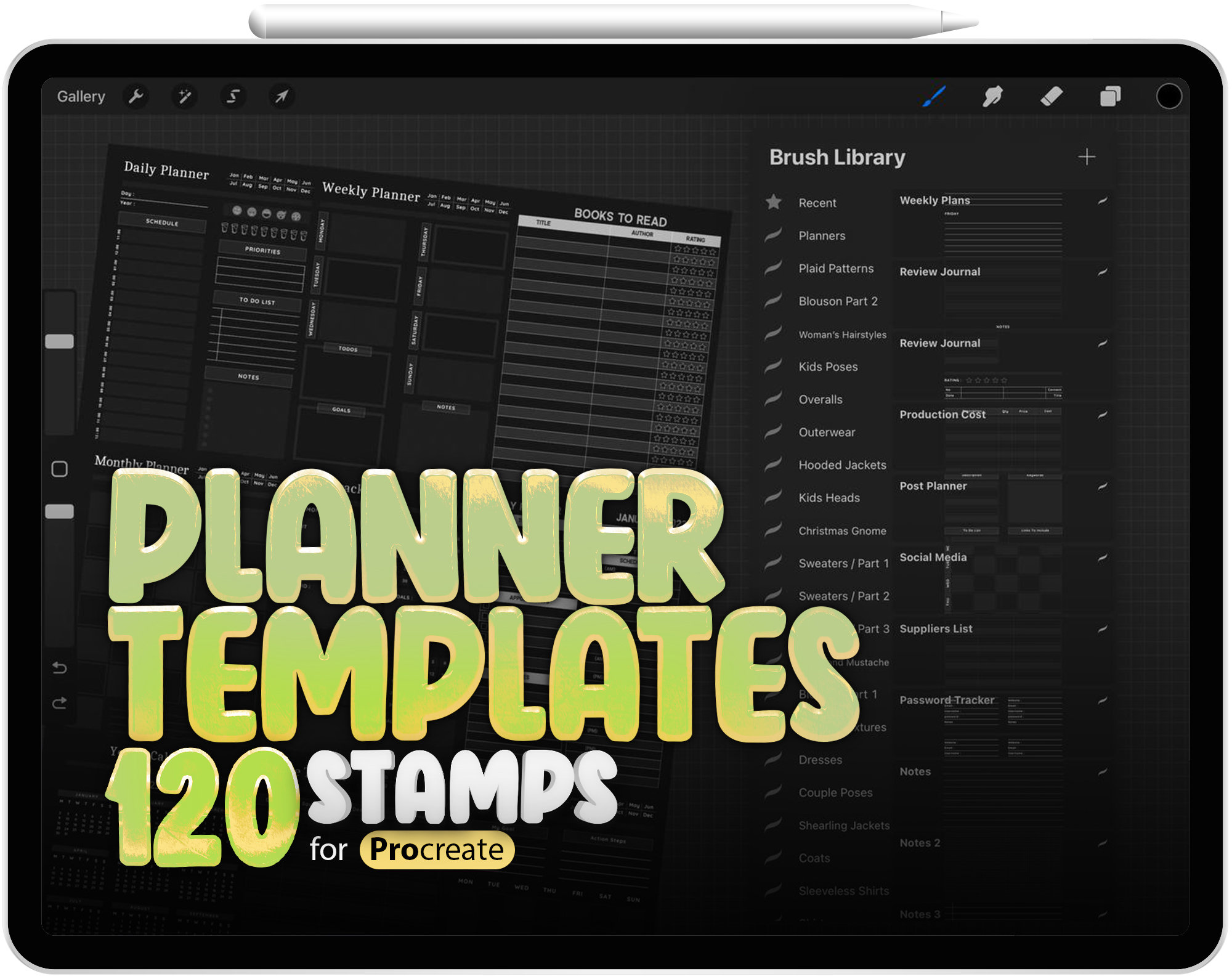 120 pinceles y plantillas para planificador en Procreate | Calendarios diarios, semanales y mensuales, trackers y notas