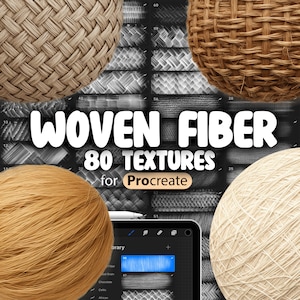 Puede incluir: Una colección de 80 texturas de fibra tejida para Procreate, que presenta una variedad de estilos y colores. Las texturas se muestran en la pantalla de una tableta digital y como esferas.