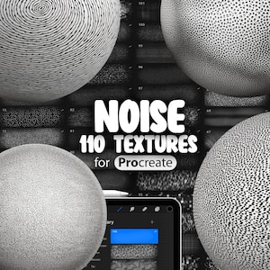 Könnte beinhalten: Eine Sammlung von 110 Noise-Texturen für Procreate, eine digitale Kunst-App. Die Texturen werden auf einem schwarzen Hintergrund mit weißem Text angezeigt, der "NOISE 110 TEXTURES for Procreate" lautet.