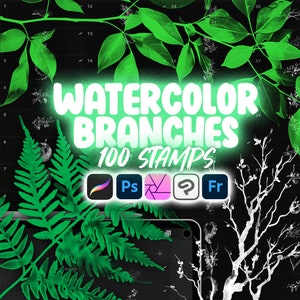 Könnte beinhalten: Eine digitale Illustration von 100 Aquarell-Zweig-Stempeln. Das Bild zeigt eine Vielzahl von Zweigen mit Blättern und Blüten in einem grün-weißen Farbschema. Der Text "WATERCOLOR BRANCHES 100 STAMPS" wird in weißer, fetter Schrift angezeigt. Das Bild enthält auch Symbole für Adobe Photoshop, Illustrator, Procreate und Clip Studio Paint.
