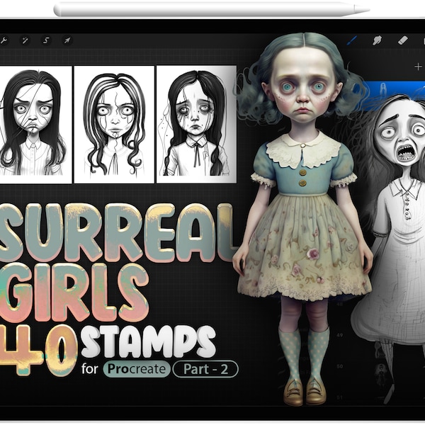 40 Procreate Surreal Girls Part-2 Stamp Brushes, Lowbrow Girls, Psychedelic Woman, Subcultural, Monsters Girl, Procreate Zombie, Drugs Art