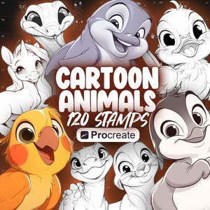 120 Procreate Cartoon Animals Stamps | Procreate Cartoon Characters Stamp Brushes | Funny Cute Animal Stamps for Procreate