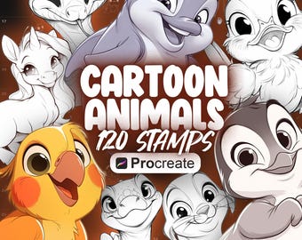 120 Procreate Cartoon Animals Stamps | Procreate Cartoon Characters Stamp Brushes | Funny Cute Animal Stamps for Procreate