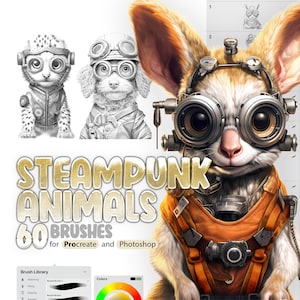 60 Steampunk Animals Procreate Brushes, 60 Steampunk Animals Photoshop Brushes, Steam Punk Characters Stamp Brus for Procreate