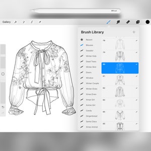 May include: A black and white line drawing of a blouse with a floral pattern and a bow tie. The image is part of a digital art program with a brush library that includes options like "Winter Bird", "Winter Elves", and "Xmas Animal".