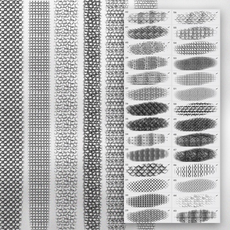 May include: A sheet of paper with 28 different patterns of scales, each labeled with a number. The patterns are drawn in black and white pencil.
