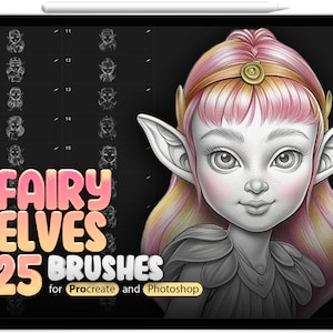 May include: A digital illustration of a fairy elf with pink and yellow hair, wearing a gold headband. The image is part of a set of 25 digital brushes for Procreate and Photoshop called "Fairy Elves 25 Brushes".