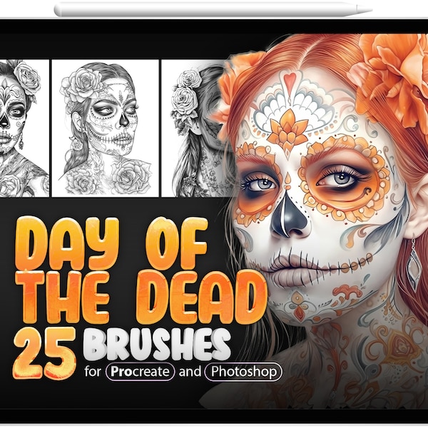 25 Day of the Dead Procreate Brushes, 25 Day of the Dead Photoshop Brushes, Mexican Procreate Brushes, Sugar Skull Procreate Brushes