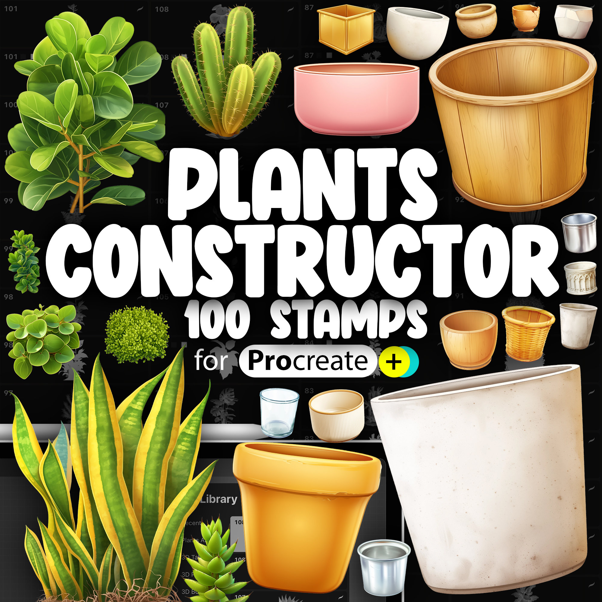 100 Procreate 3D Plant Constructor Stamp Brushes | Plant Pots, Home Plants & Flowerpots