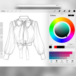 May include: A black and white line drawing of a blouse with a large bow at the neck and a smaller bow at the waist. The blouse has long sleeves and a cropped length.
