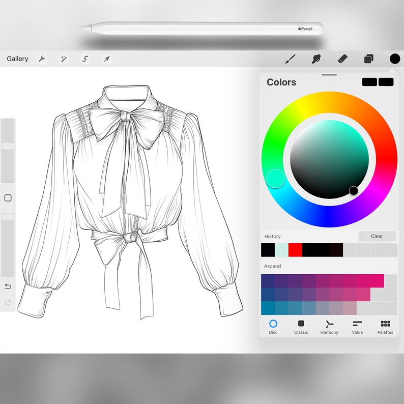 May include: A black and white line drawing of a blouse with a large bow at the neck and a smaller bow at the waist. The blouse has long sleeves and a cropped length.