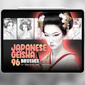 Pode incluir: Uma ilustração digital de uma Geisha japonesa com um quimono vermelho e branco. O texto "Japanese Geisha 96 Brushes for Procreate and Photoshop" é exibido em um fundo rosa.