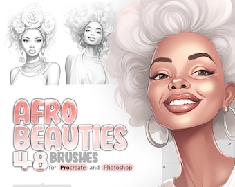 48 Afro Beauties Procreate Stmap Brushes, African Girls, Black Girl stamps for Procreate, Procreate face, Afro Black Girl Procreate Brush