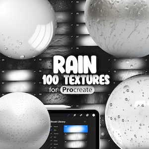 Op de afbeelding: Een digitale illustratie van 100 regentexturen voor Procreate. De afbeelding toont een verscheidenheid aan regentexturen, waaronder regendruppels, waterdruppels en regenstrepen. De tekst "RAIN 100 TEXTURES for Procreate" wordt in het midden van de afbeelding weergegeven.