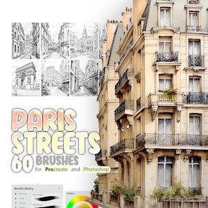 May include: A set of 60 digital brushes for Procreate and Photoshop, inspired by Parisian streets. The brushes are designed to create realistic sketches and drawings of buildings, streets, and other urban elements. The image shows a sample of the brushes used to create a detailed drawing of a Parisian building.