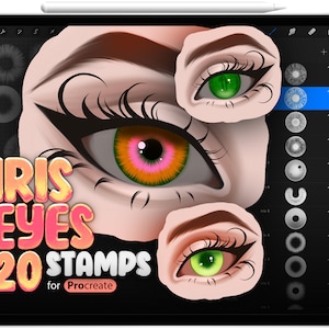 May include: A digital illustration of 20 eye iris stamps for Procreate. The image shows a close-up of a colorful eye with a pink and orange iris. The text "IRIS EYES 20 STAMPS for Procreate" is displayed in a colorful font.
