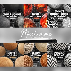 May include: A digital illustration of various textures and patterns for Procreate, including chalkboard, lava, comic book, jute, seeds, and zigzag. The image shows a variety of colors and styles, including black and white, red, orange, brown, and green.