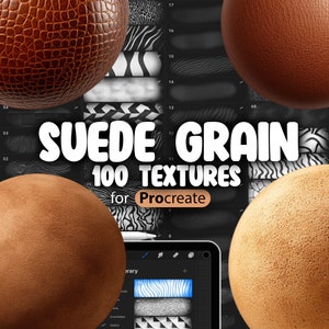 May include: A collection of 100 suede grain textures for Procreate, shown as a variety of brown, beige, and white spheres. The textures are designed for use in digital art and design.