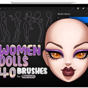 Puede incluir: Una ilustración digital de la cara de una mujer con sombra de ojos morada y ojos naranjas. El texto "Women Dolls 40 Brushes for Procreate" está en primer plano.