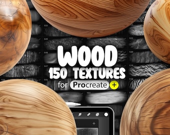 Pode incluir: Uma coleção de 150 texturas de madeira para Procreate, apresentando uma variedade de grãos e padrões de madeira. As texturas são perfeitas para adicionar realismo a projetos de arte e design digitais.