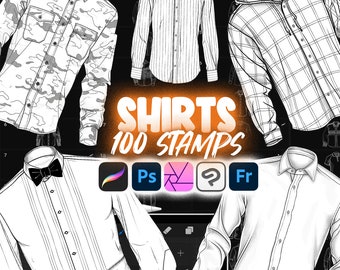 May include: A set of 100 shirt stamps for Adobe Photoshop, Illustrator, Affinity Designer, and Clip Studio Paint. The stamps feature various shirt styles, including a plaid shirt, a striped shirt, a button-down shirt, and a tuxedo shirt.