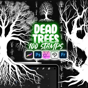 Könnte beinhalten: Eine digitale Illustration von 100 Stempeln mit toten Bäumen zur Verwendung in digitalen Kunstprogrammen wie Photoshop, Procreate und Affinity Designer. Das Bild zeigt eine Vielzahl von Silhouetten toter Bäume mit kahlen Ästen und Wurzeln.