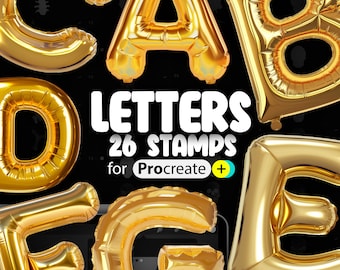 May include: A set of 26 gold balloon letter stamps for Procreate. The letters are in a 3D style and have a shiny, metallic finish.