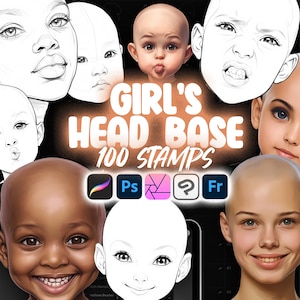 Puede incluir: Un conjunto de 100 sellos digitales para crear bases de cabeza de niña. Los sellos son compatibles con Photoshop, Procreate, Clip Studio Paint y Affinity Designer. La imagen muestra una variedad de formas de cabeza y expresiones.