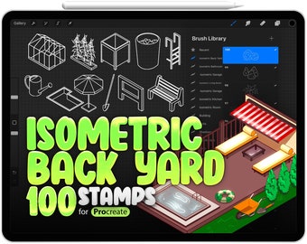50 pinceles isométricos de patio trasero para Procreate, pinceles isométricos de jardín para Procreate, pinceles de sellos isométricos 3D para interiores de Procreate