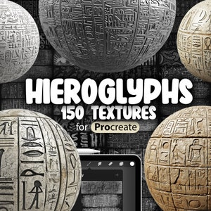 May include: A collection of 150 digital textures featuring hieroglyphs, designed for use with the Procreate app. The textures are shown as spheres with a variety of stone and metal finishes.