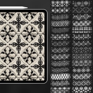 May include: A digital tablet displaying a black and white geometric pattern. The pattern is made up of repeating shapes and lines. The tablet is on a black surface.