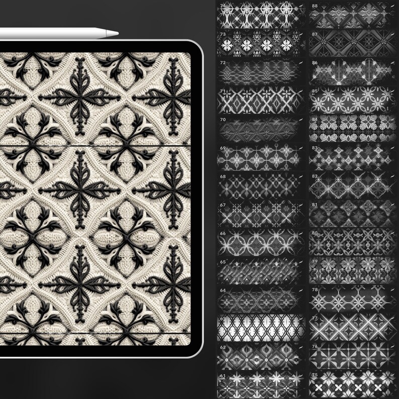 May include: A digital tablet displaying a black and white geometric pattern. The pattern is made up of repeating shapes and lines. The tablet is on a black surface.