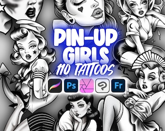 110 tampons de tatouage Procreate pour femmes pin-up | Tatouage pin-up néo-traditionnel pour femmes | Clip Studio Paint tatouage visage filles