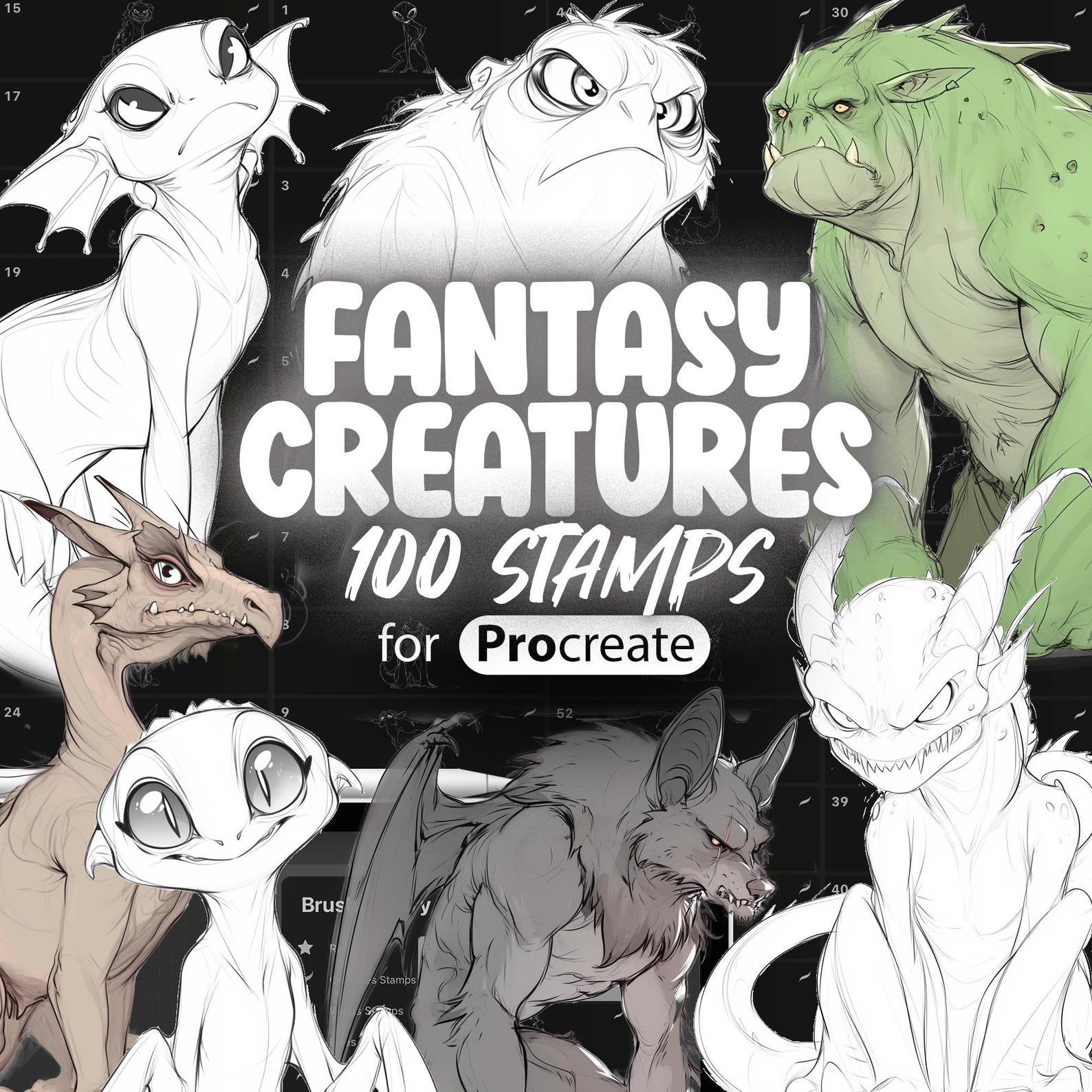 100 Procreate Fantasy Creatures Stamps | Procreate Monsters Stamps ...