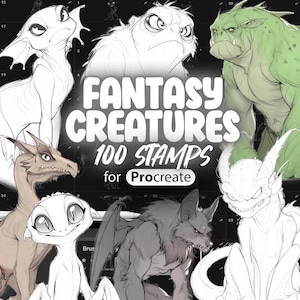 May include: A set of 100 black and white fantasy creature stamps for Procreate. The stamps feature a variety of creatures, including dragons, goblins, and other mythical beings.