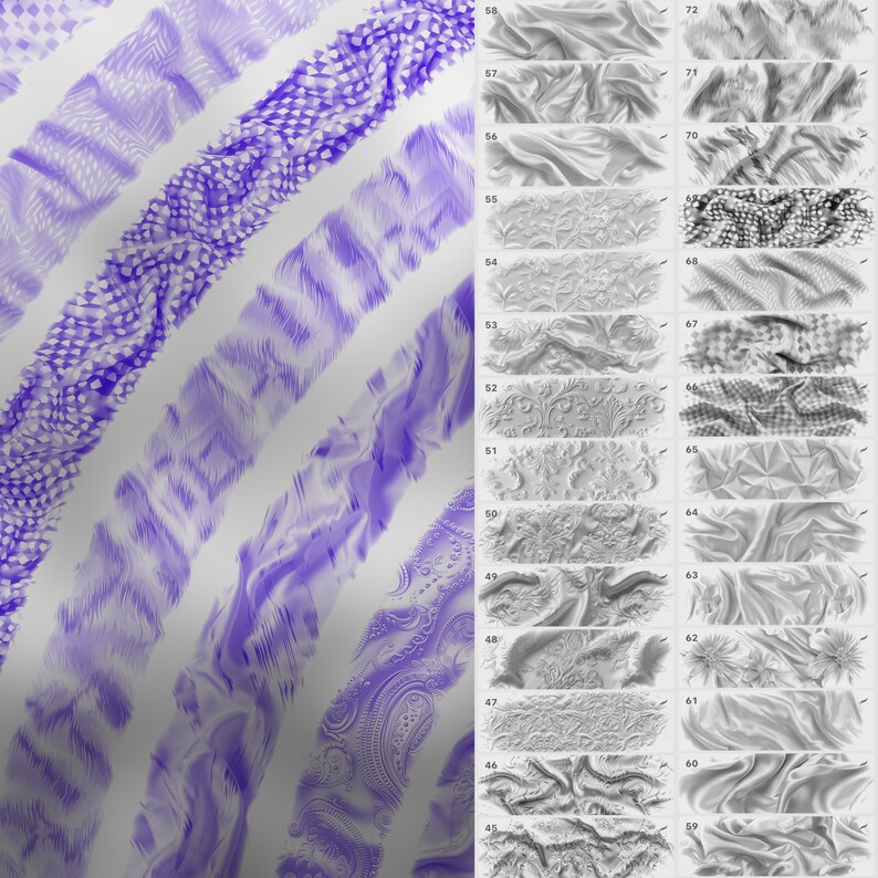 May include: A collection of 28 different digital textures, including patterns, swirls, and abstract designs. The textures are in shades of gray and purple.