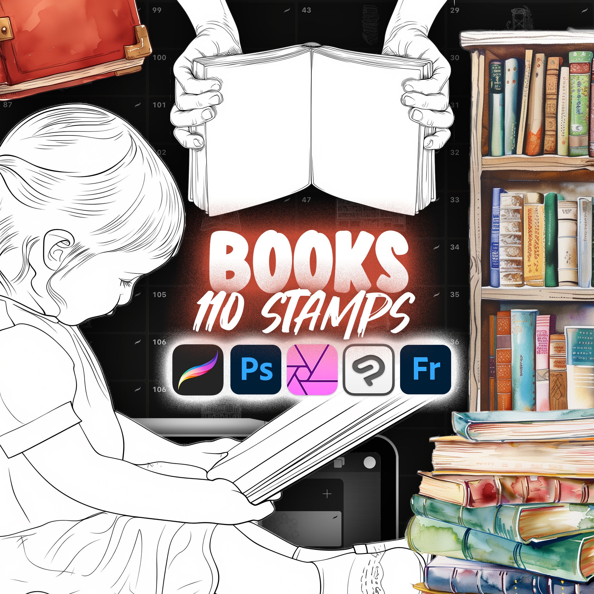 110 Procreate Books Stamp Brushes | Photoshop Open Book Brushes | Clip ...