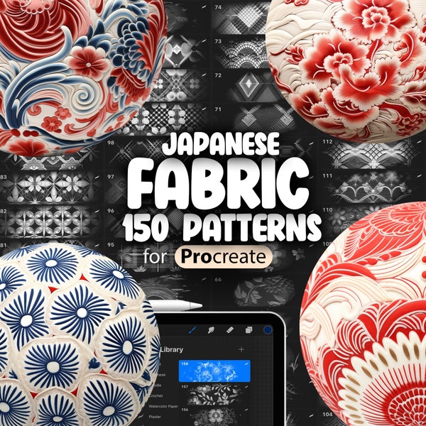 150 Procréez des motifs japonais traditionnels | Tissu de broderie asiatique Procreate Texture Brosses sans couture | Motif géométrique japonais procréer