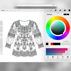 May include: A black and white line drawing of a dress with a floral pattern. The dress has long sleeves and a round neckline. The drawing is on a digital tablet screen with a color wheel and other tools.