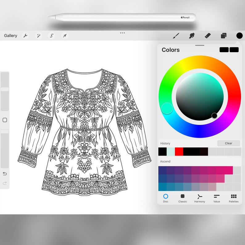 May include: A black and white line drawing of a dress with a floral pattern. The dress has long sleeves and a round neckline. The drawing is on a digital tablet screen with a color wheel and other tools.