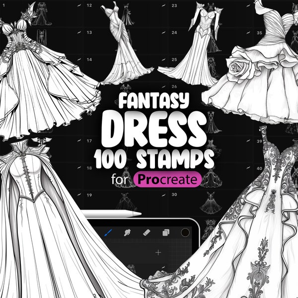 100 Procreate Fantasy Dress Stamps | Procreate Fashion Dresses | Procreate Clothes | Procreate Clothing | Procreate Wedding Dress