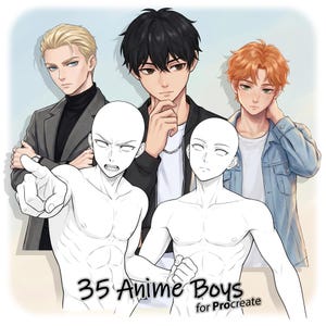 May include: Digital artwork showing five anime-style male figures. Three are fully rendered with different hair colours and outfits, and two are blank outlines. The text "35 Anime Boys for Procreate" is at the bottom.