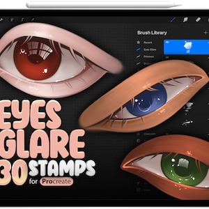 May include: A digital illustration of three eyes with different colored irises and eye glare effects. The image is on a black background with the text "Eyes Glare 30 Stamps for Procreate" in pink and yellow letters.