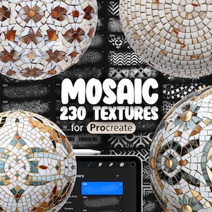 May include: A digital illustration of a tablet screen displaying a library of 230 mosaic textures for Procreate. The textures are displayed in a grid format, with each texture showing a different pattern of mosaic tiles. The text "MOSAIC 230 TEXTURES for Procreate" is displayed in large, bold letters at the top of the screen.