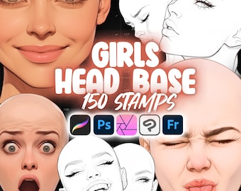 May include: A digital illustration of a set of 150 girl's head base stamps for use in digital art programs. The image shows a variety of head shapes and expressions, including a surprised expression, a smiling expression, and a frowning expression. The image also includes the text "Girls Head Base 150 Stamps".