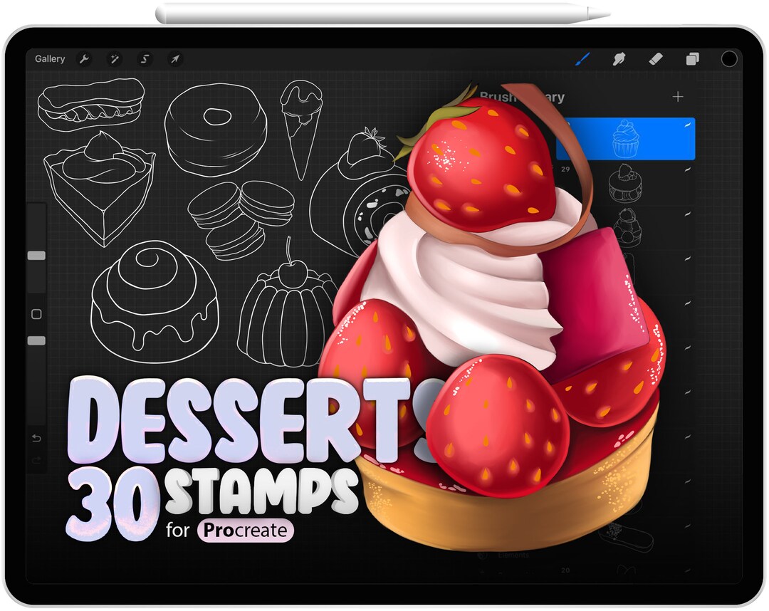30 Procreate Desserts Stamp Brushes, Picnic Brushes, Pastry, Cake